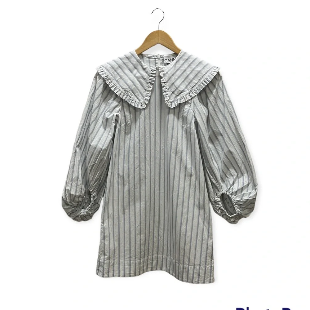 Ganni Blue and White Striped Balloon Sleeve Dress - Picture 2 of 12